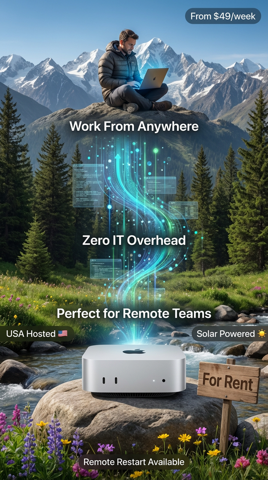 Man sitting on a mountain with a laptop, surrounded by nature with text about remote work solutions.