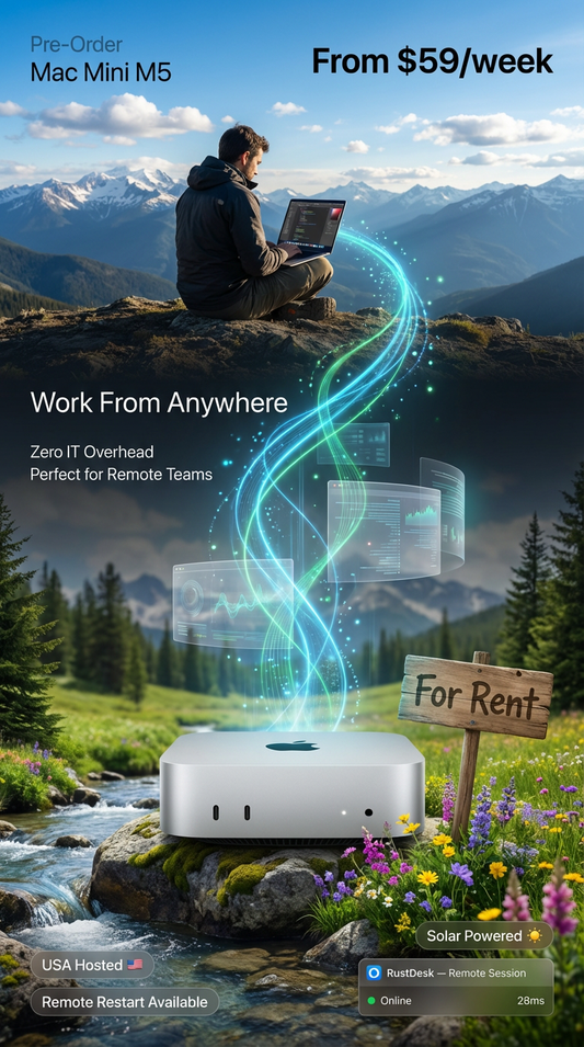 Person sitting on a mountain with a laptop, surrounded by nature, with text about Mac Mini M5 and remote work.